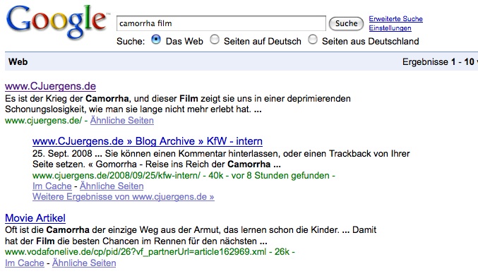 CJuergens.de auf Platz 1 bei google - zumindest für "Camorrha + Film".